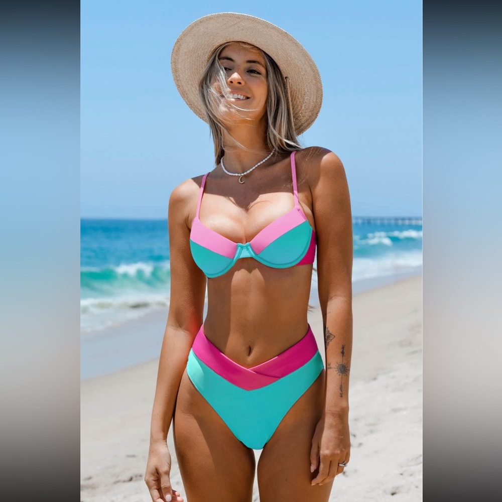 Colorblock V Waist Underwire Vibrant Pink and Blue Bikini Set NWT